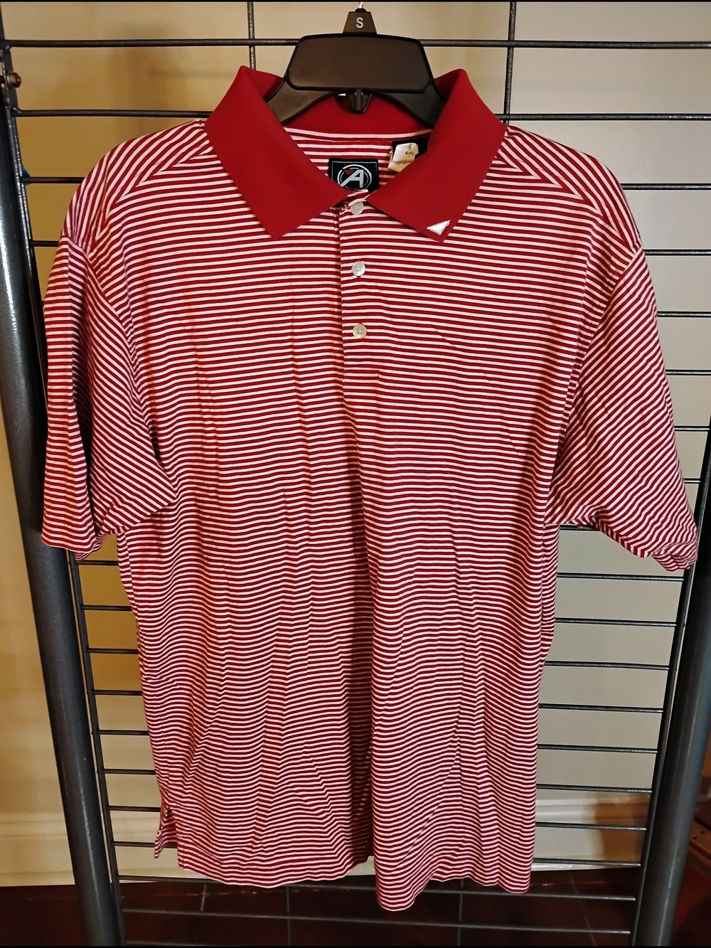 Mens Red Striped Polo Golf Shirt‎ Solid Contrast Collar Short Sleeve Large